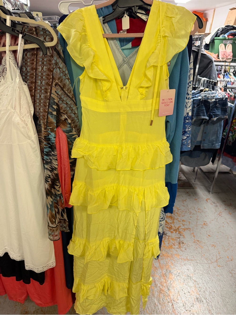 NWT Hello Molly Yellow Tiered Ruffle Maxi Dress Women’s XS Plunge Formal